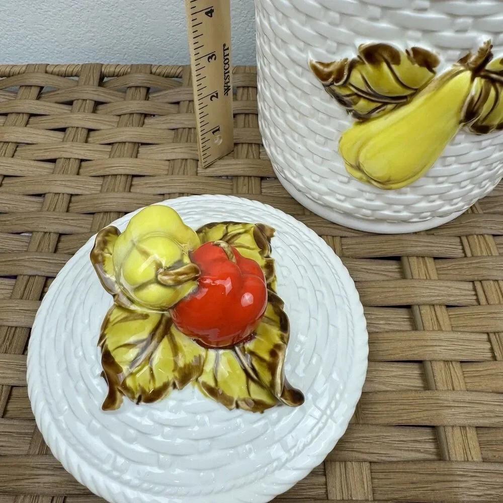 Vintage Ceramic Fruit Canister Jar Lid Basketweave Pear Apple Grapes Japan 10”
